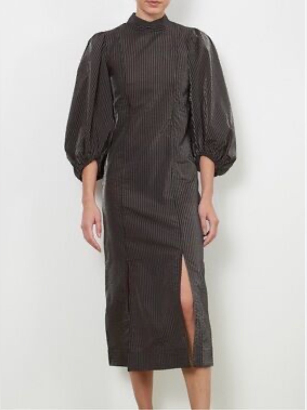 Ganni Black Striped Midi Dress with Puff Sleeves Size 36🖤. A5